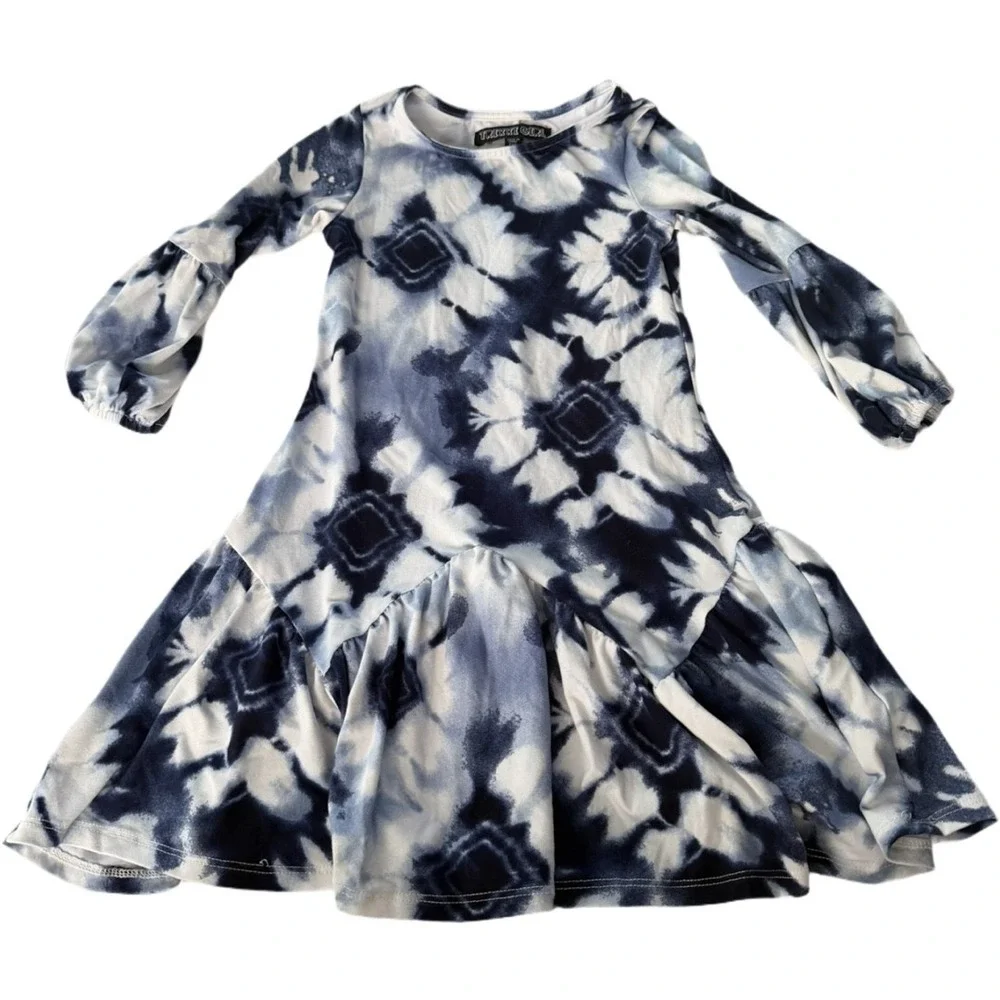 Trixxi Girl Tie Dye High Low Dress XXS Blue White Long Sleeve Asymmetrical Hem
